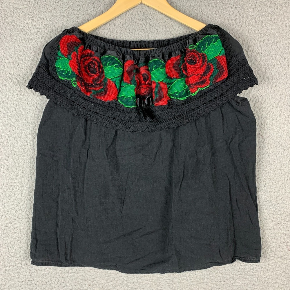 Mexican Embroidered Top Black Lace Red Roses Off‎ the Shoulder